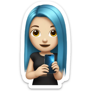 white skin girl with long blue hair in black clothes holding a phone sticker