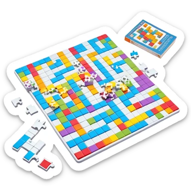 A photorealistic icon with a colorful, fragmented crossword magazine, a 3D puzzle, and a partially completed puzzle on a table. Bright, detailed design with realistic lighting. Transparent background, clearly symbolizing puzzles and brain games. sticker