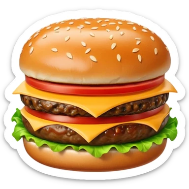A classic single patty hamburger emoji,, glossy and colorful. Soft rounded bun with sesame seeds, one beef patty, fresh lettuce, tomato slice, melted cheese, realistic but cartoonish look, clean white background sticker