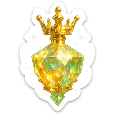 luxurious crystal elixir bottle shaped like a crown, pastel gradient of yellow, orange, and green, lots of shine, facets, ornaments, golden details, magical effects, very small golden neck, transparent background, beautiful merging base, clearly floating in air, no base or shadow, premium class impression, interesting design, fits a collection of crystal, luxurious, magical bottles sticker
