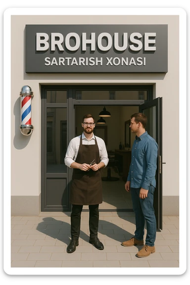 eni shu rasimga boyagi sartaosh oka eshik oldida tursin va tashqarida esa mijoz sticker