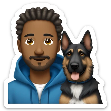 man with dreadlocks, mustache and goatee dressed in a blue hoodie alongside a brindle colored german shepherd dog sticker