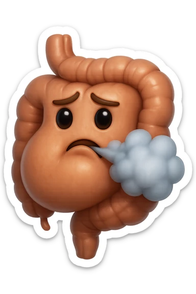 emoji stile iphone di un intestino che ingoia una nuvoletta di aria ben visibile e gli si gonfia la pancia, non fargli il naso, iperrealistico 4k sticker