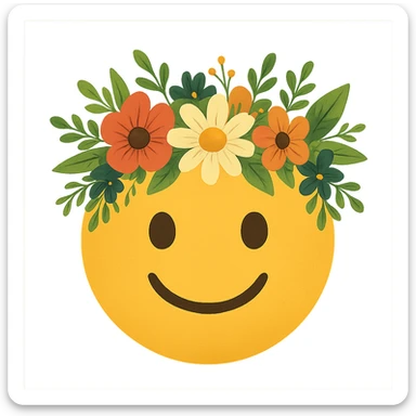 yellow face with flower crown, nature theme, digital illustration sticker