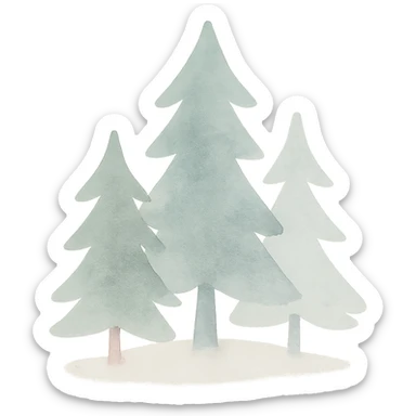 logo style illustration of evergreen trees in folk art style, neutral color tones, watercolor texture sticker