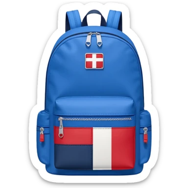 simple blue backpack, at the bottom pocket there is a  logo featuring a Tommy Jeans-inspired logo. The logo looks like A red and white vertically split flag-style patch on the bottom pocket.
 sticker
