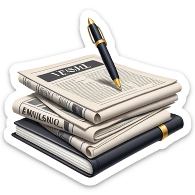 Create an emoji representing journalism and publicistic writing. The design should feature a stack of newspapers as the base, with an open working notebook placed on top of them. A single fountain pen should rest on the very top of the notebook, symbolizing the act of writing. Use neutral, professional colors like black, white, and muted tones to convey a sense of seriousness and intellect. Do not include any emojis or smiley faces. Make the background transparent. sticker