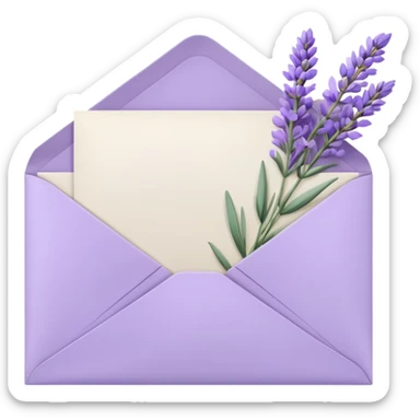 Pastel light whitish purple envelope with some white papers, and lavender flowers laying on top  sticker