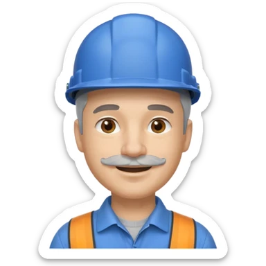 A man emoji with light skin, wearing a blue construction helmet, short gray hair on the sides, straight eyebrows, brown eyes, a small nose, and a thin short straight gray mustache above his smiling mouth. sticker