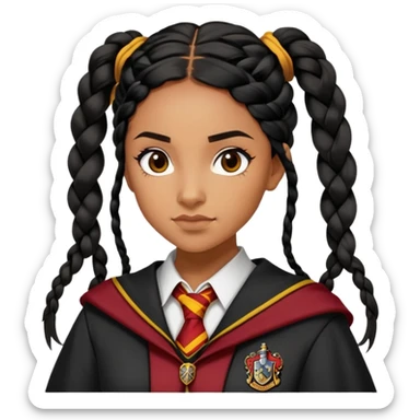 Angelina Johnson in harry potter, wear hogwarts gryfindor uniform,  thick, black hair worn in braids, reflecting her bold, stylish, and strong personality sticker