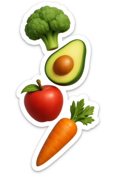 emoji stile iphone in 3d di cibo sano che fluttua in aria vericalmente, iperrealistico 4k sticker