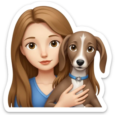 A long-haired girl is holding a little greyhound sticker