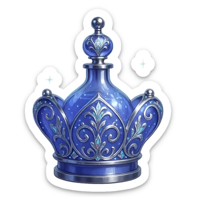 modernus itin prabangus eliksyro buteliukas, maža karūnėlės forma, spalva #7986cb, ryškūs sidabriniai ir holografiniai ornamentai, sodrūs magiški efektai, labai mažas kaklelis, skaidrus fonas, vientisas dugnas, be šešėlio, plūduriuoja ore, kolekcijos stilius sticker