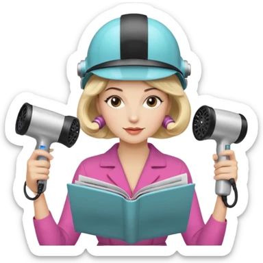 Emoji de mujer con casco secador, pelo recogido, rulos y leyendo revista cogiéndola con las dos manos estilo vintage chic sticker