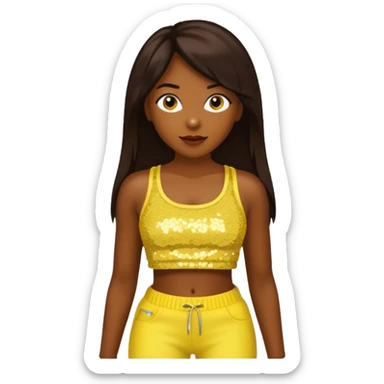 Chilli from TLC with long dark brown hair, yellow sequin crop top and pants, dark skin  sticker