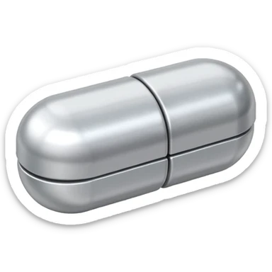 capsule pill emoji, metallic silver halves, smooth glossy finish, futuristic pharmaceutical 3D icon, isolated on white sticker