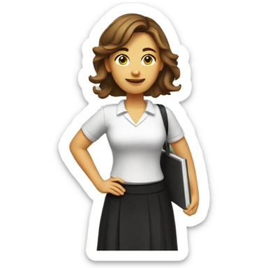 A female teacher with brown hair, standing and wearing black skirt and white cool tshirt sticker