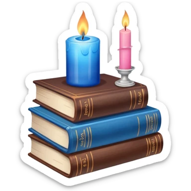 stack of books with a blue candle, pink crystal and brown moon mug. sticker