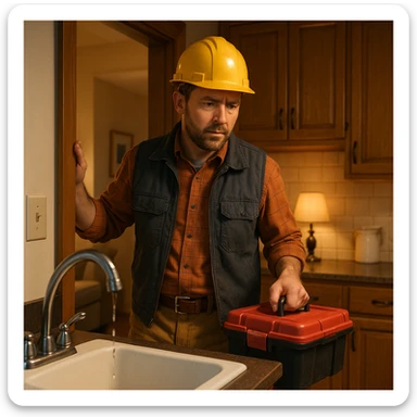 A construction worker entering his home, still in work clothes, noticing a leaky faucet in the kitchen, toolbox in hand, expression focused, background shows a cozy home interior. sticker