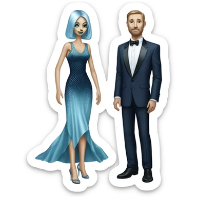 reptilian alien woman, in long slim pastel blue formal party satin dress with gradient shiny sparkling navy blue diamonds embroidered , and caucasian man in black dress sticker
