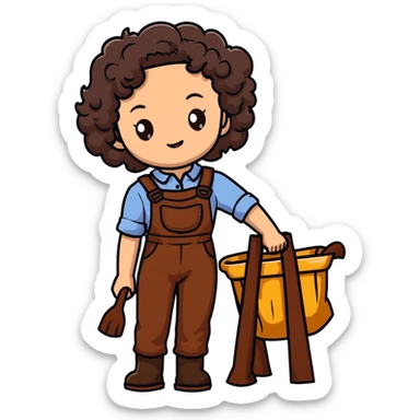 white girl with dark brown curly hair, brown eyes, wearing farm clothes sticker