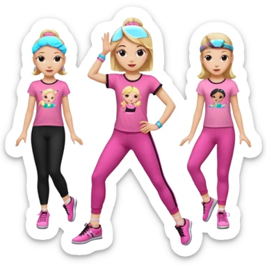 Hiphop dancer, with cute big pants, sneakers, and t-shirt. White girl blond. Coloufull shirt. No pocket pants. Dancing. Pink and black plain outfit. No sweatbands on the wrist, black music box behind her. Ballerina pose. with dancing kids behind her sticker