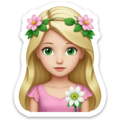 Girl profile picture with long blonde hair and green eyes and a flower in her hair. and a pink outfit sticker