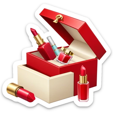 an open gift box with lipstick, cream jar, and perfume bottle spilling out sticker