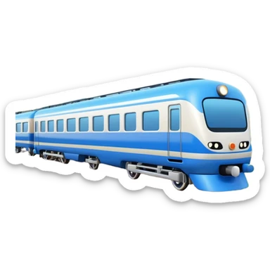 A 3D cartoon passenger train with blue carriages and visible windows, moving through countryside, Memoji-style. sticker