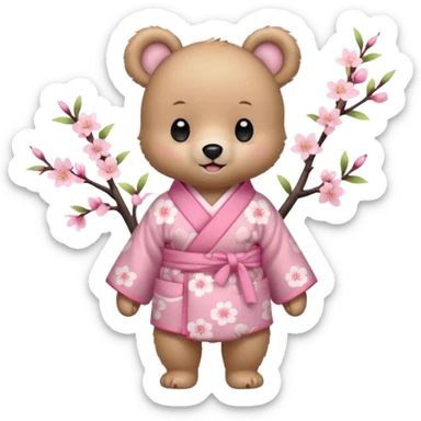 A cute baby bear character in pastel style, standing upright like a human. 
Light brown soft fur, large round ears, rounded paws and feet. 
Big cute black dot eyes, medium blush cheeks, and a tiny smiling mouth. 
Wearing a pink kimono with soft cherry blossom patterns on the sleeves and bottom,  sticker