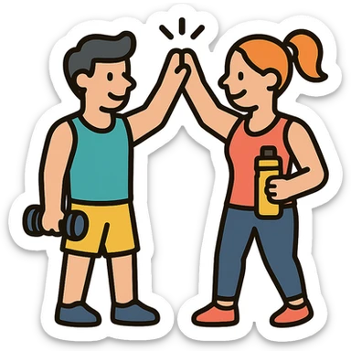 two people high-fiving after a workout, clean lines, fitness theme icon style sticker