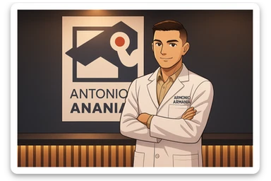 su questo stile fai un manga/webtoon a colori in cui mostri quella parete dietro dello studio con il suo logo e la scritta "ANTONIO ANANIA" SOTTO IL LOGO, LUCE CHE ILLUMINA IL LOGO sticker