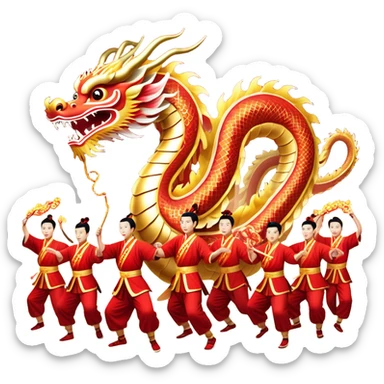 Cinematic Realistic scene of a Chinese Dragon Dance featuring performers energetically holding a vibrant dragon model aloft, with intricately detailed scales and dynamic flowing costumes, illuminated by festive red and gold lighting that captures the spirit of celebration. sticker