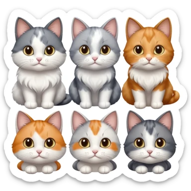 6 realistic looking cats with different natural coloured coats, assorted grey and white, greys, calico, brown and white colours etc
 sticker