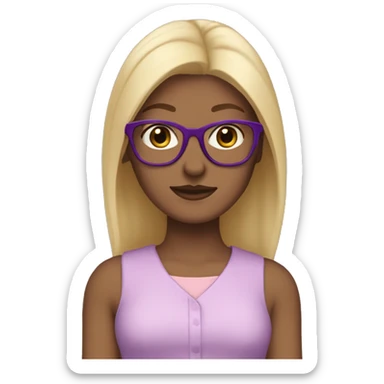 Create a female emoji: white skin, blonde hair, straight and very light below the shoulders, brown eyes, glasses with purple cat-eye frames, light pink jumpsuit. sticker