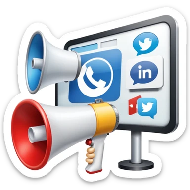 An icon featuring a megaphone, a billboard, and social media icons, symbolizing advertising and public relations. The design includes a press release and a rising graph, representing brand promotion and communication strategies. Transparent background highlights media influence and outreach. sticker