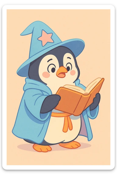 chubby penguin in wizard robes, holding an open spellbook, soft pastel style sticker