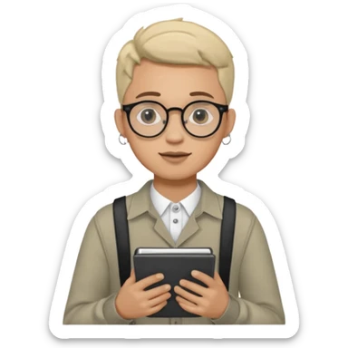 A man in his 20s wearing an apnotebook, wearing radio earrings, round glasses, achromatic clothes sticker