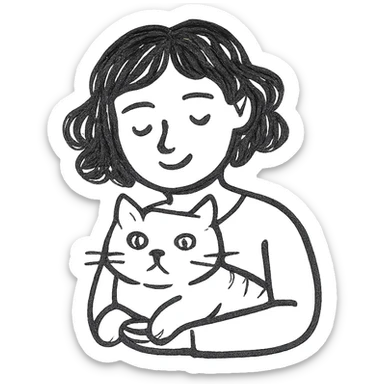 wavy black haired girl with a short haitcut holding a british cat sticker