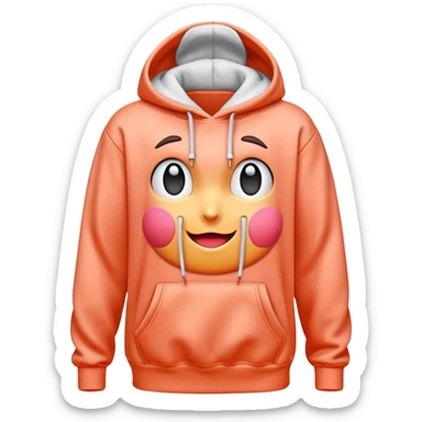 A 3D cartoon peach-coral hoodie with soft folds, drawstrings, and a casual fit, isolated plain background. sticker