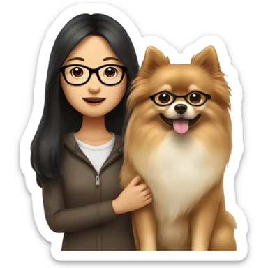 asian girl with long dark brown hair, glasses with thin frameholding a beige Pomeranian dog sticker