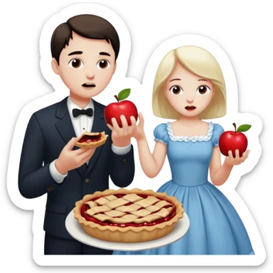 Sad man eats a pie. While his sister throws his dress on the apple sticker