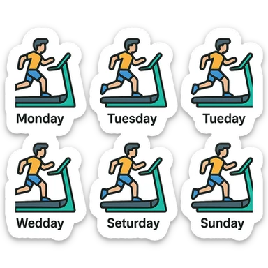 A picture is into seven parts showing a sportsman runnig on the treadmill. In each little picture there is a name of the days of the week, from monday to sunday sticker