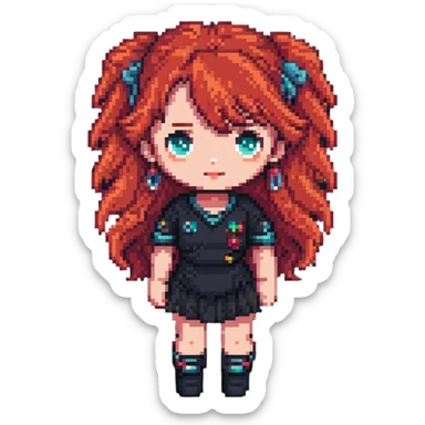 Y2K girl with red hair, pixel art style sticker