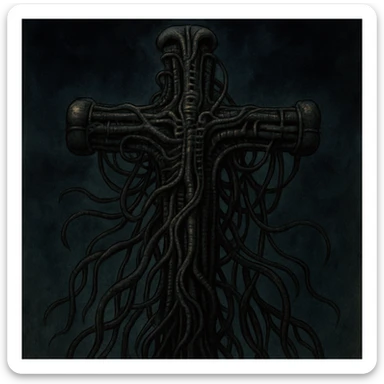 a cross in the style of H.R. Giger, with organic biomechanical wires and cables, dark and surreal sticker