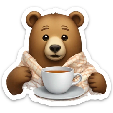 A bear with a duvet and a cup of tea sticker