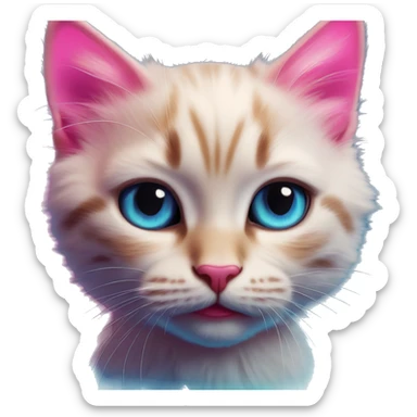 Synthwave kitten in Barbie style, oil paint, epic eyes, intricate lips, exquisite pose, beautiful, desirable, logical sticker