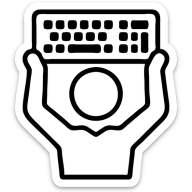 a person holding a keyboard up to their head like a boombox, bold outlined icon style sticker