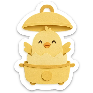 cute chick emerging from an egg cooker lid, smiling, soft yellow colors, full-body sticker