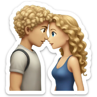 Boy with brown curly hair and brown eyes kissing blond girl with blue eyes  sticker